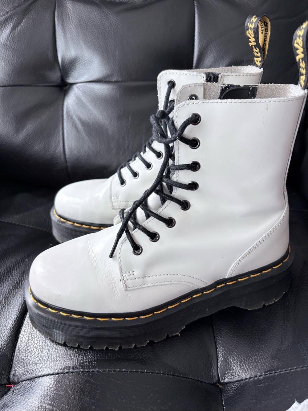Dr. Martens White Leather Platform Lace-Up Boots with Black Laces